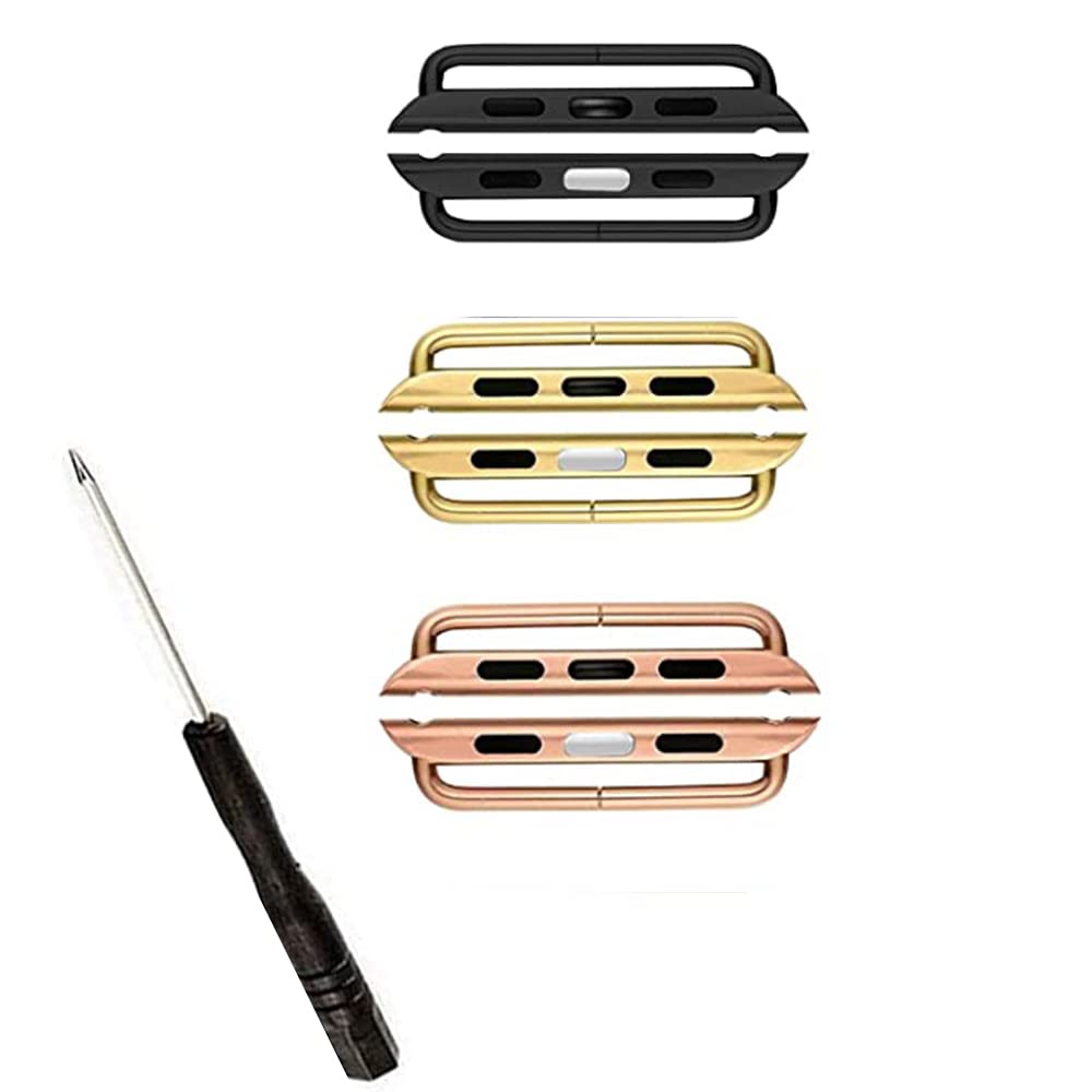 3 PACK Watch strap connectors Stainless Steel Adapter Replacement Metal link with screw driver Tool Compatible with Apple Watch Band 38 40 41 42 44 45mm (38/40/41MM, Black/gold/rose gold)