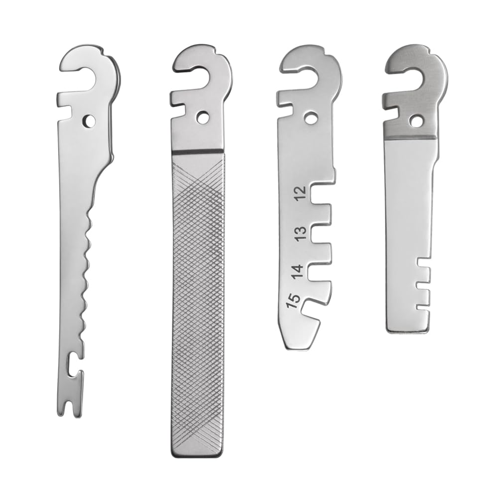 Multitool Accessory for Flex Multitool (4pcs Set: Flat File, Fish Hook Remover & Scaler, Bicycle Spoke Wrench) - Silver, DIN 1.4116 Steel