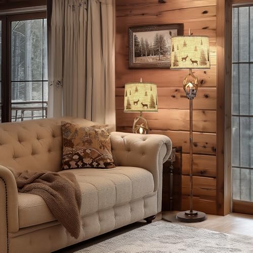 Scenekoy Rustic Farmhouse Antlers Floor Lamp with Nightlight Brown Finish Round Shade Lamps for Living Room Bedroom Office Study House