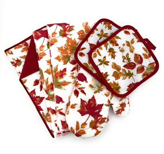 Sg6 Fall Leaves Kitchen Linen Set, 6 Pieces, 2 Towels, 2 Pot Holders, Oven Mitt, Drying Mat, Autumn Decor