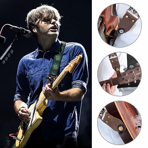 Image of Nefelibata Guitar Strap,Jacquard Embroidery Cotton Guitar Straps with Crazy Horse Leather Ends for Bass, Electric & Acoustic, Best Gifts for Kids, Guitarists(Green Sun Embroidery)