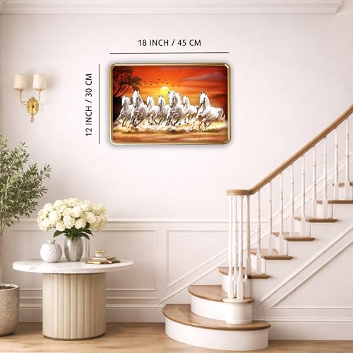 Image of XOPY Seven Running Horses with Golden Frame | Vastu 7 horses Raw Pyrite Painting for Home, Office & Living Room Wall Decore | 12X18 Inch Sparkle Laminated Frame | Best For Gifting (3060, 12X18)