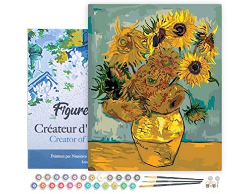 Figured'Art Dipingere con i Numeri con Telaio - Paint by Numbers Van Gogh - Girasoli, Passatempo per Adulti, Kit Completo, Hobby Creativi - Quadri fai da te 40x50cm Tela Già Incorniciata