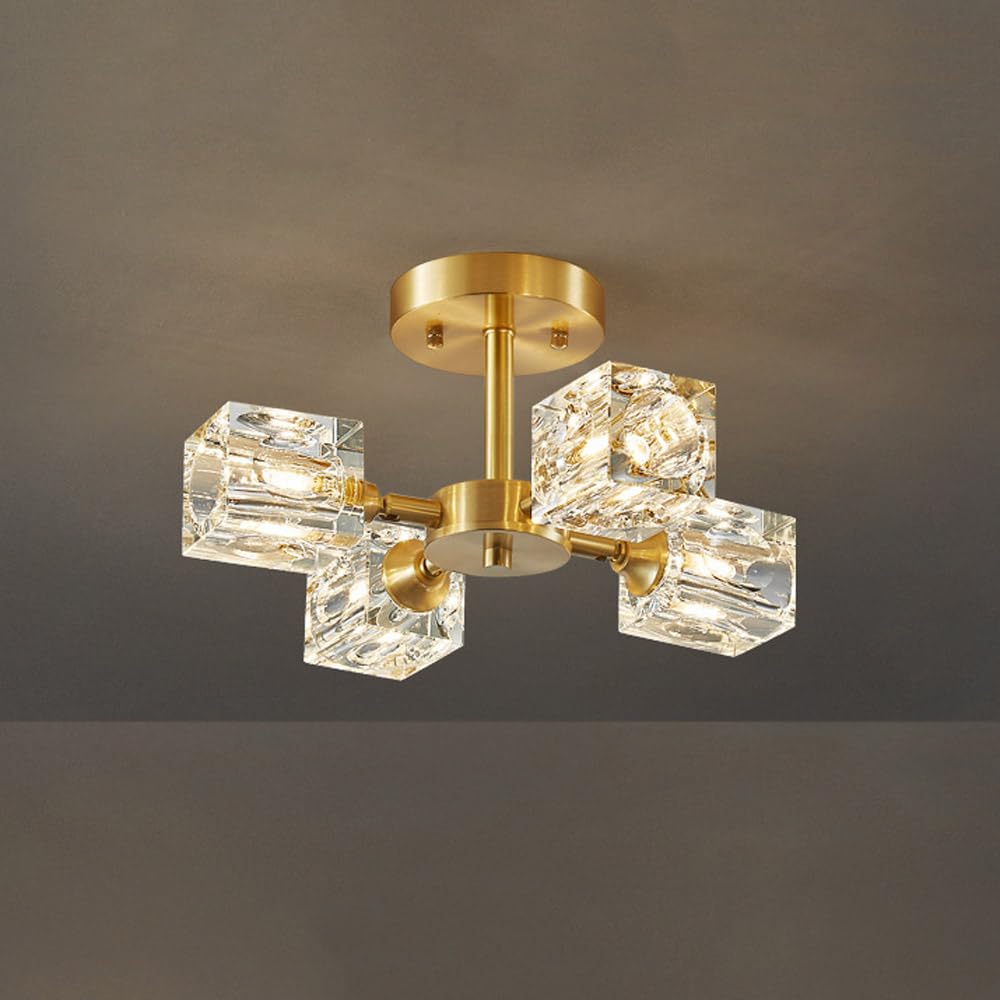 SYAXVOM Mid Century Modern Semi Flush Mount Ceiling Light, Brass Sputnik Chandelier Light Fixture, Brushed d Crystal Close to Lamp for Living Room Bedroom Kitchen Farmhouse