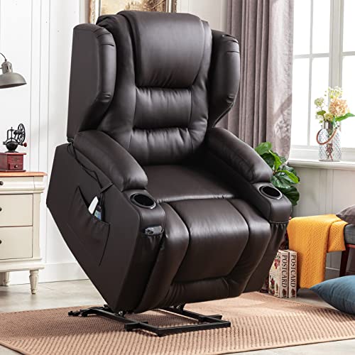 Vuyuyu Electric Power Lift Recliner Chair For Elderly, Faux Leather Wingback Recliner Chair With Massage And Heat, Spacious Seat/Cup Holders/Usb Ports/Side Pockets/Free Pillow (Pu Brown) #TOP18