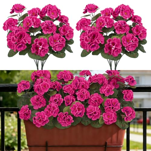 BlueCloudy Lot de 6 fleurs artificielles d'extérieur, géranium artificielles pour extérieur, fleurs de géraniums artificielles en soie, plantes...