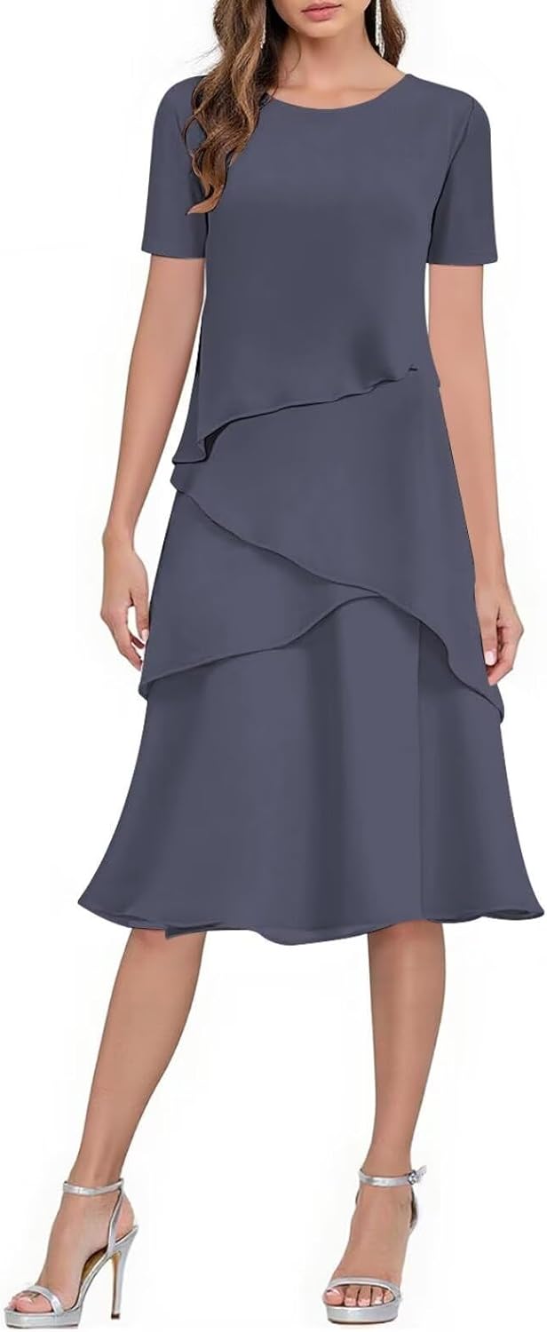 Ruffle Tea Length Mother of The Bride Dresses for Women Short Sleeve Chiffon Cocktail Wedding Guest Dress