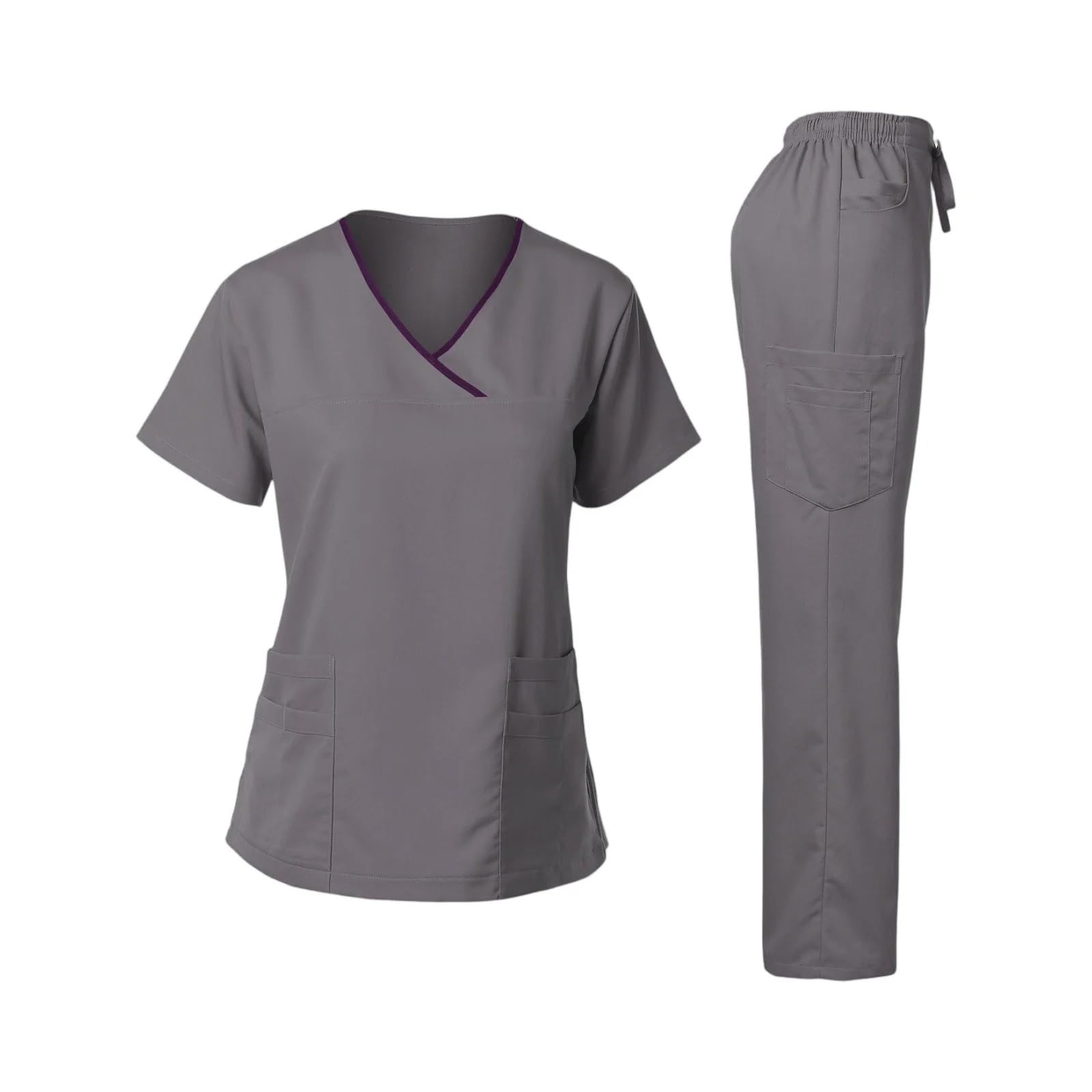AHUFGN Nurse Scrubs Women Women's Nurse Scrub Set V-Neck Short Sleeve Long Pants Medical Cozy Professional Workwear(Grey,XXL)