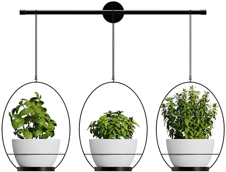 – Wall Mounted Hanging Planter with 3 Pots, Black Metal Frame with Oval Rings, Adjustable Rope, White Ceramic Pots, Indoor Herb Garden Display