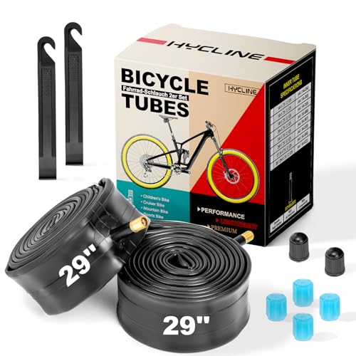 Hycline 2-Pack 29 x 1.75-2.125 Bike Inner Tubes 32mm Schrader Valve Premium Butyl Rubber Puncture Resistant Replacement Tubes with 2 Tire Levers & Fluorescent Valve Caps for MTB Road & Kids Bikes