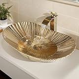 MEKKHALA Gold Bathroom Vessel Sink Combos Faucet And Drain Set 24x14 Inch Oval Ceramic Basin Bowl Above Counter Bowl Sinks For Bathrooms Boat Shape Vessel Sink Gold Bathroom Sink Bowls