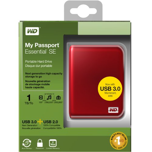 WD My Passport Essential SE Externe Festplatte, 1 TB, USB 3.0/2.0, metallic-rot – Bild 6