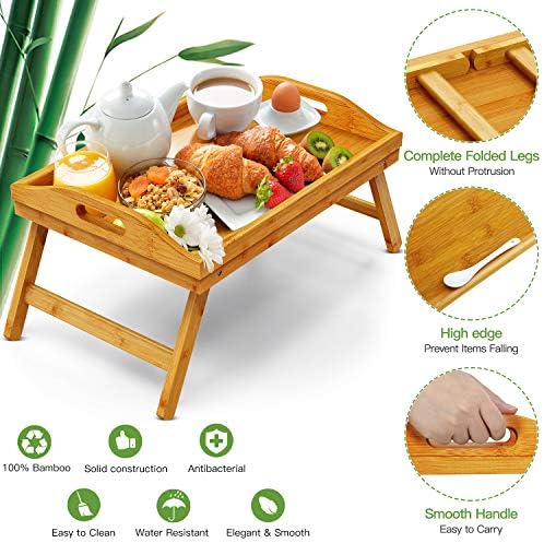 Pipishell Bamboo Bed Tray Table with Foldable Legs, Breakfast Tray for Sofa, Bed, Eating, Working, Used As Desk Snack Tray