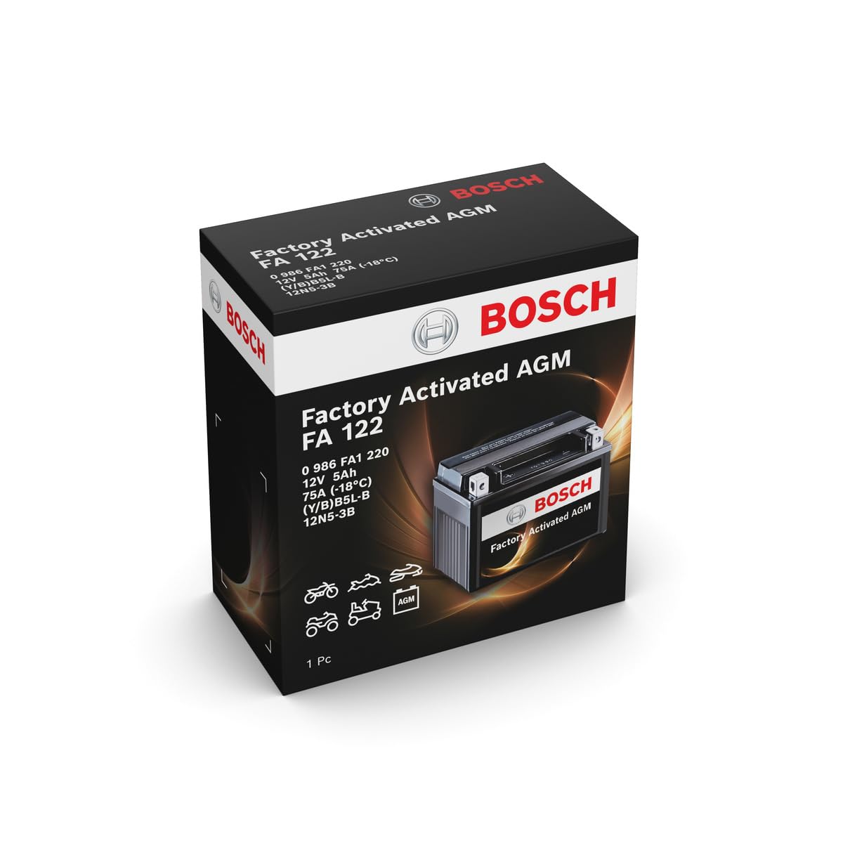 Bosch FA122 - Batería para Motocicletas AGM - 12V 75A 5Ah - Adecuada para motocicletas, motos de enduro, scooters, quads, motos de agua - Compatible M4F18, BB5L-B, 12N5-3B