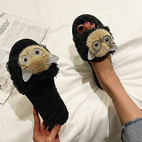 Casual Shoes Owl Plush Cute Slippers for Women Open Toe Indoor House Slippers Bedroom Slides (Black, 7.5)3