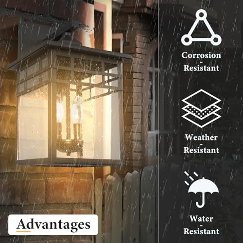 Image of Outdoor Light Fixture Wall Mount, Black Exterior Light Fixture Wall Sconces with Seeded Glass for Front Porch, Large Waterproof Outdoor Square Wall Lantern Outside for House Doorway