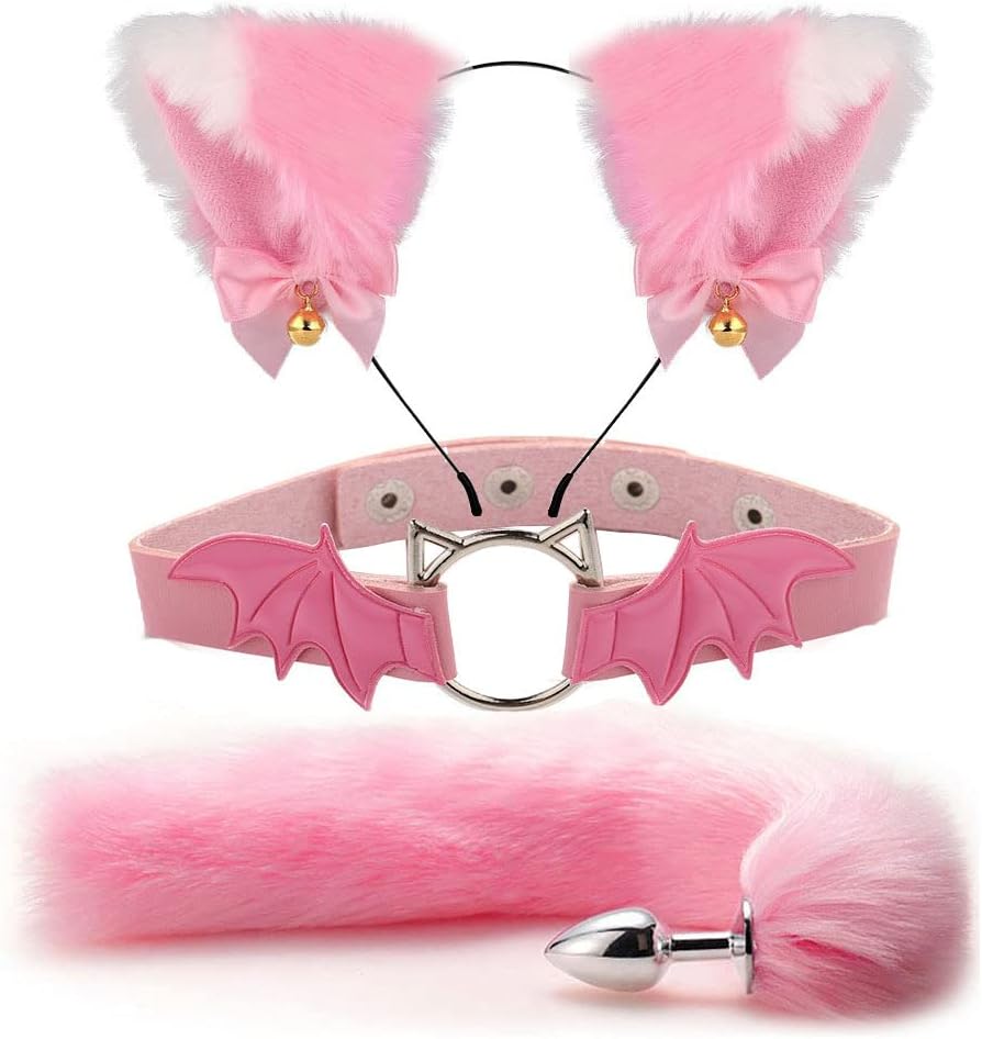 Fox Animal Costume Set Furry Ear Headband Fox Tail Bell Anal Plug-Animal Sexual Anus Bat Leather Choker