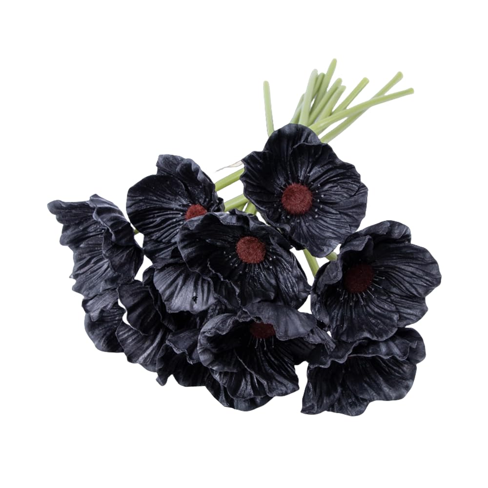 12 Bundles Artificial Poppy Flowers,Artificial Poppy Silk Fake Flowers,No Fade PU Fake Wild Flowers,Silk Poppies,Fake Poppy Flowers Bouquet Home Kitchen Wedding Party Office Decoration (Black)