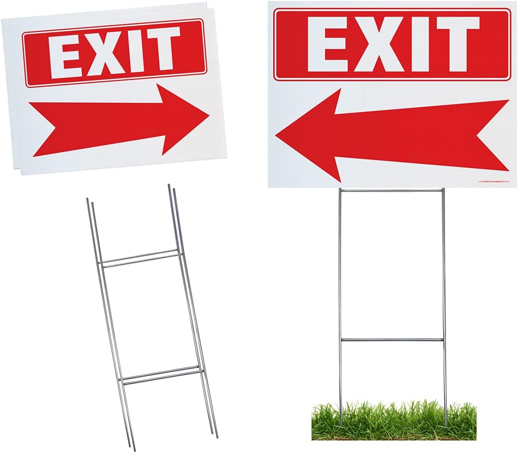 Exit Arrow Yard Sign Complete Kit Includes 2 Signs and 2 Sturdy Sign Stakes - Durable Outdoor Double Sided 18x24 Arrow Sign with Extra Tall 10x30 Stake (2 Pack, Exit)