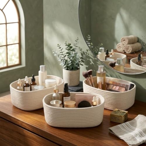 Image of 100% Natural Jute small box mini rope paper storage Round hamper baby nursery tray bucket for Living Kitchen, Office, Drawing Room,fruits, kitchen, office, (cream)