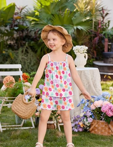 Image of Arshiner Toddler Girl Summer Clothes 2 Piece Loose Spaghetti Strap Tank Top and Short Set Kids Clothing Sets with Pockets