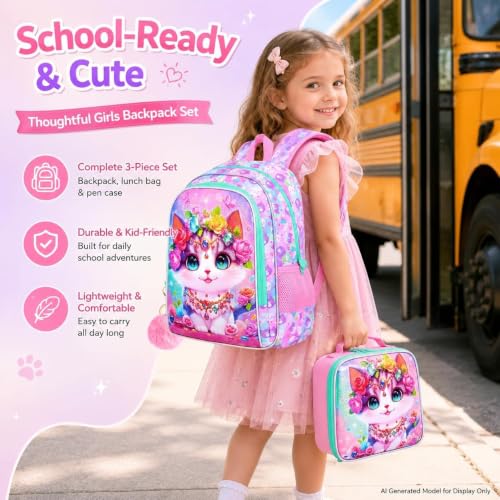 Image of 3Pcs Cat Backpack for Girls, 16 inch Kids School Backpacks with Lunch Box, Bookbag for Elementary Preschool Kindergarten(Pink)