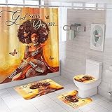 Byitre 4PCS Shower Curtain Set w/ Rugs,Toilet Lid Cover & U-Shaped Mat,African American Shower Curta