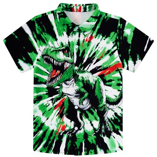 Image of uideazone Size 7-8 Tie Dye Shirts for Boys Funny Dinosaur Printed Button Up Shirt Hawaiian Luau Short Sleeve Casual Blouse Tops for Holiday Beach Party