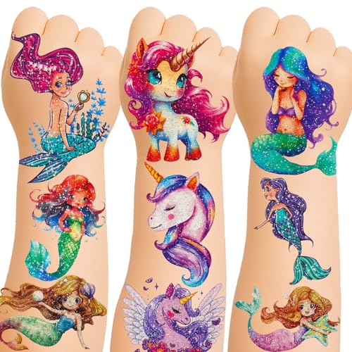 150+ Glitter Temporary Tattoos for Kids - Mermaid Unicorn Party Favors for Girls - Individually Wrapped & Waterproof Birthday Supplies