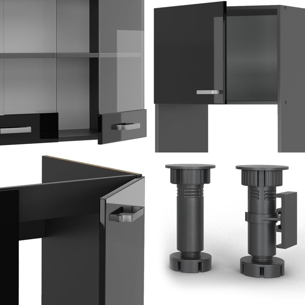 Vicco Cocina esquinera R-Line, Negro Brillo Intenso, 247 x 60 cm, ET Mármol, para planificación de Cocina Variable y ampliación Modular