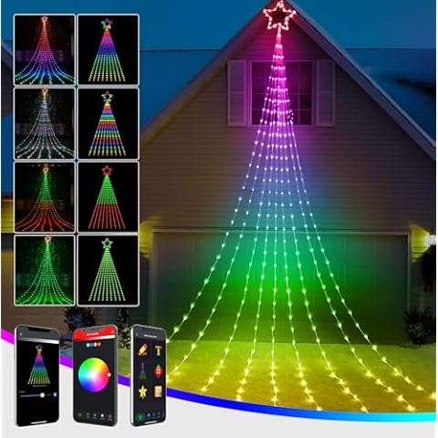 Christmas Decoration Smart Outdoor Star String Lights, 11.8Ft Christmas Tree Toppers Lights App Programmable, 344 LED 48 Modes Waterfall Lights with 12" Lighted Star for Xmas New Year Holiday Decor Cover
