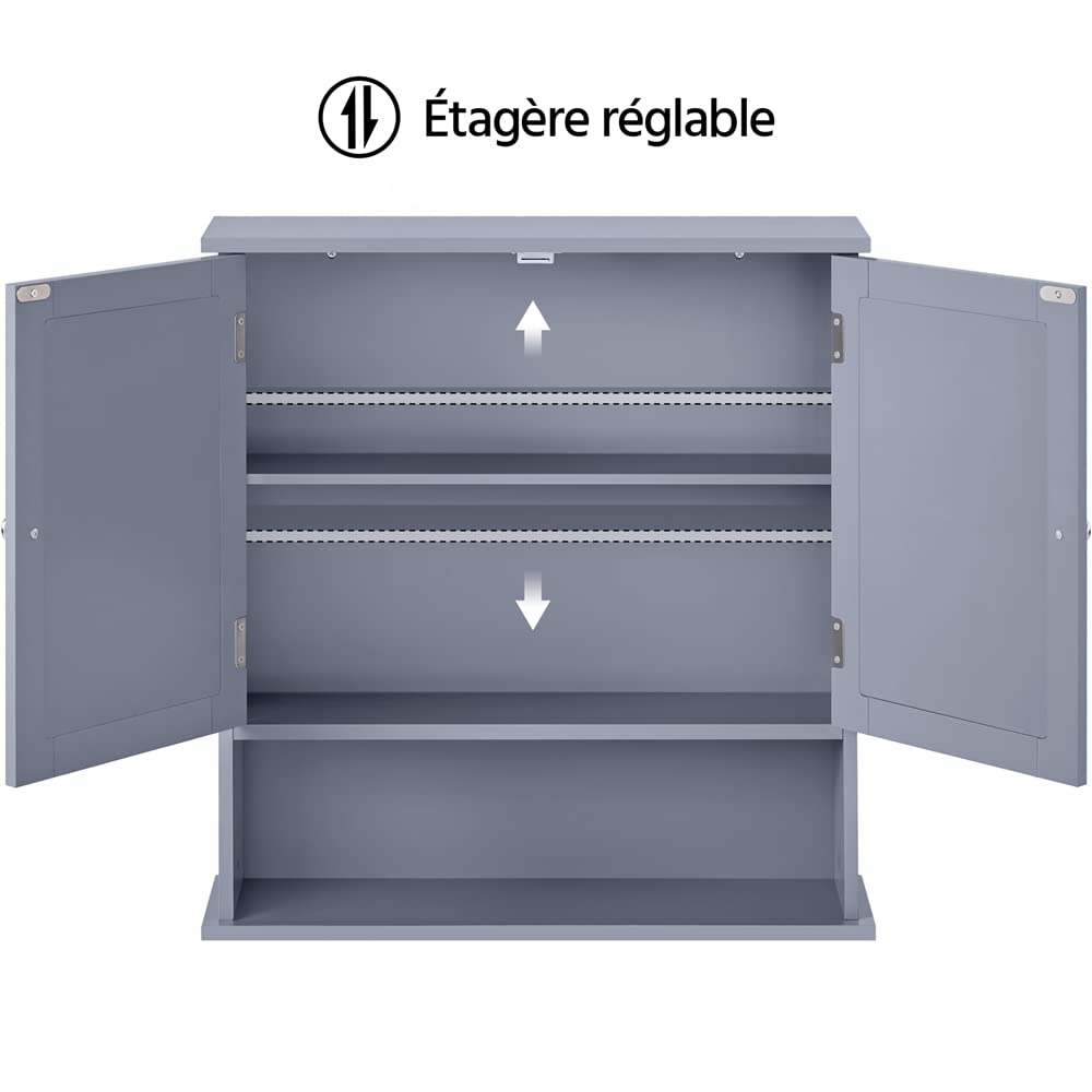Yaheetech Armoire Murale de Salle de Bain, Placard de Rangement Toilettes 3 Niveaux, Étagères à Hauteur Réglable, 2 Portes et Miroirs, 56 × 13 × 58 cm Gris
