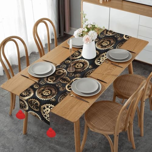 Chemin de table steampunk lavable avec motif engrenages pour table basse et repas