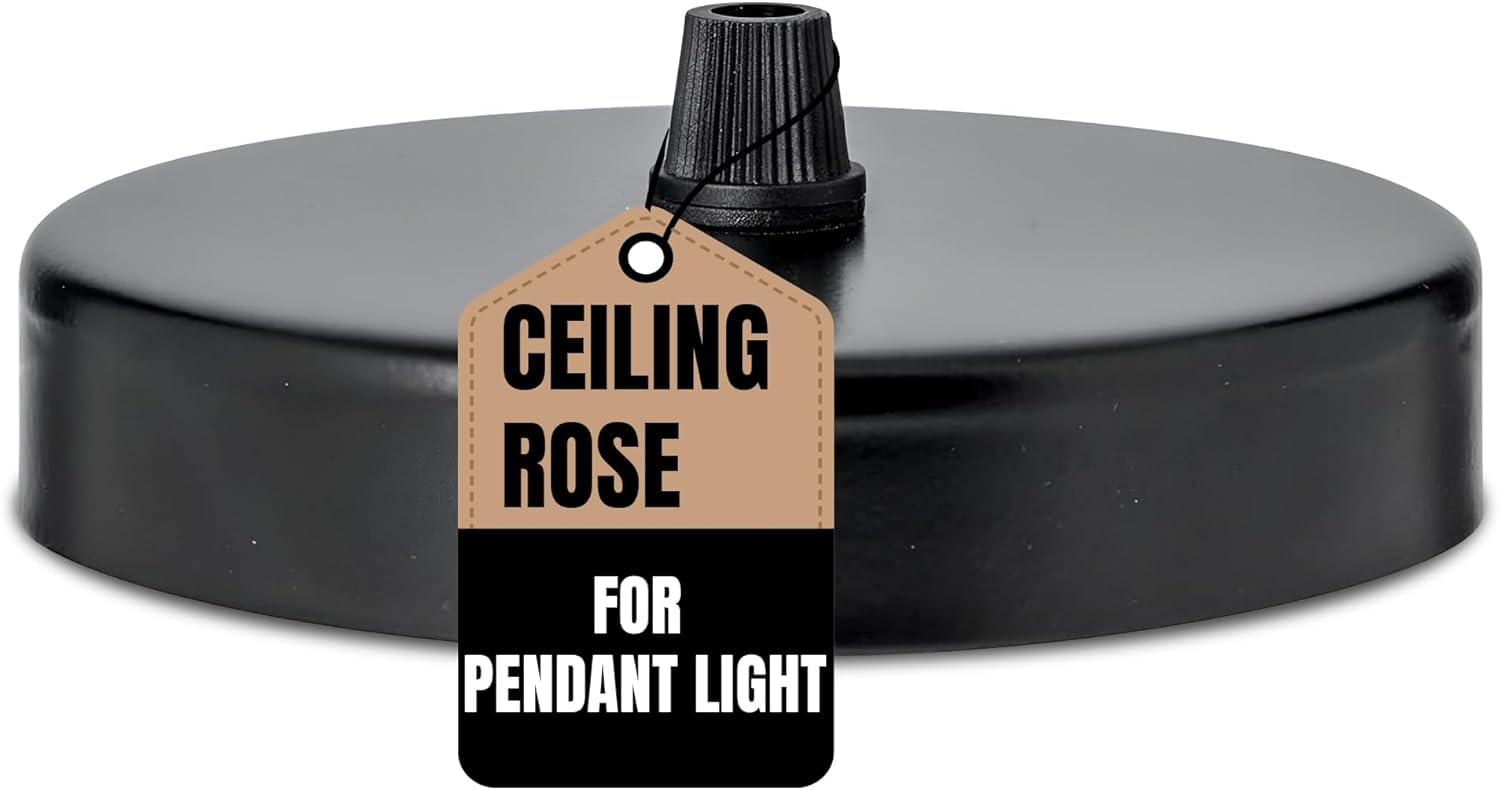 1 Outlet Ceiling Rose Pendant Light Fitting Black Metal Canopy Kit with Antique Brass Cord Grip 100mm Round Ceiling Plate for E27 Hanging Lights Vintage Lamp Holder [Energy Class A] — image 1