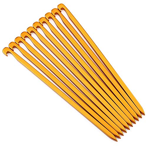 Tent Stakes 10 Pack, Aluminum Alloy Tent Pegs Heavy Duty Camping Stakes with Flat Head for Camping Beach Sand Windy Conditions (Gold)