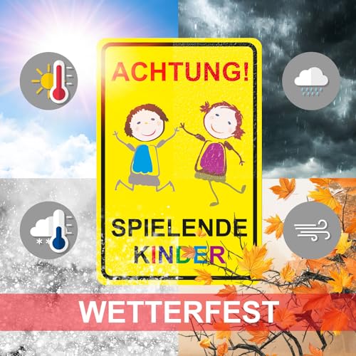Warnschild I Achtung Spielende-Kinder I Aluverbund-Schild I 20 x 30 cm groß I 3 mm Stark I mit UV Schutz-Laminat I Wetterfestes Hinweisschild I hin065
