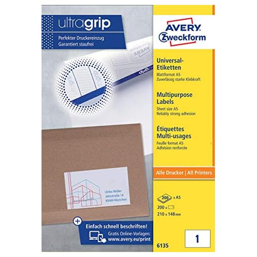 AVERY Specialform 6135 universaletiketter (med bärhandtag, 210 x 148 mm på DIN A5 quer, papper matt, tryckbar, självhäftande, 200 självhäftande etiketter på 200 ark) vit