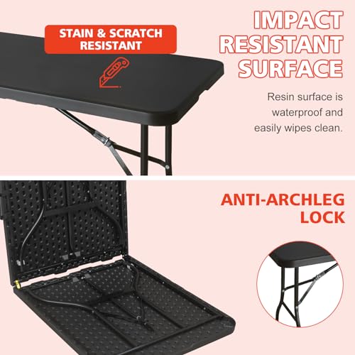 MIIUDGIG Portable 6Ft Plastic Folding Table, Heavy Duty 6ft Fold-in-Half Table with Carrying Handle, 6' Folding Utility Foldable Table for Picnic Party Camping Kitchen, Indoor/Outdoor (Black) - Image 5