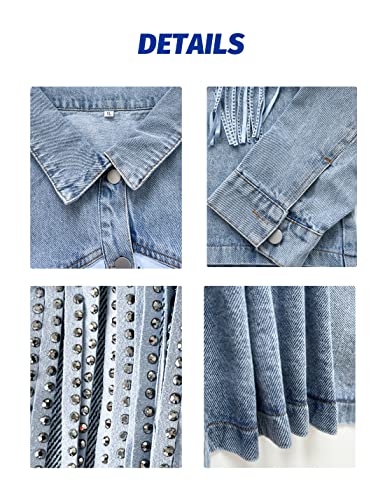 Esmeling Womens Crop Studded Fringe Denim Jacket Distressed Short Cowgirl Jean Jacket(1520-Blue-Xl) #TOP6