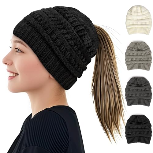 AUYAO Damen Mädchen Strickmütze mit Zopfloch für Pferdeschwanz Wintermütze Gestrickt Beanie Mütze Warme Hut mit Haaren Winter Kappe Beanie Ponytail Cap Damen Haube Mütze...