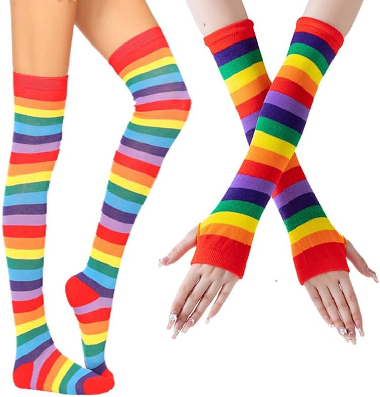 Womens Girls Rainbow High Socks Gloves Knee High Socks Cosplay Rainbow Striped Leg Arm Warmer Fingerless Gloves Set Accessories
