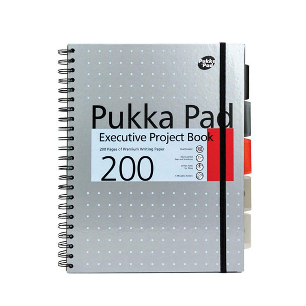 Pukka Pad, A4+ Metallic Executive Project Book – 22.5 x 29.6cm – 200 Page Hardback Wirebound Notebook with 8mm Lines and 80GSM Paper – Includes Repositionable Dividers with Pocket - 200 Pages, Silver