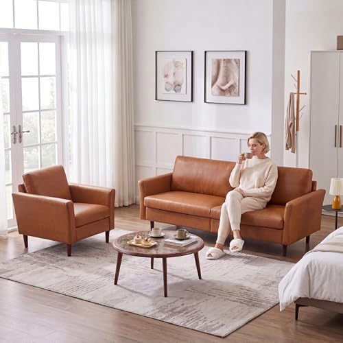 Image of Kingfun 2 Piece Faux Leather Sofa Set, Mid Century Modern Living Room Furniture Set with 3-Seater Sofa and Armchair, Small Leather Couch with Solid Wood Frame for Bedroom and Office, Mid Brown