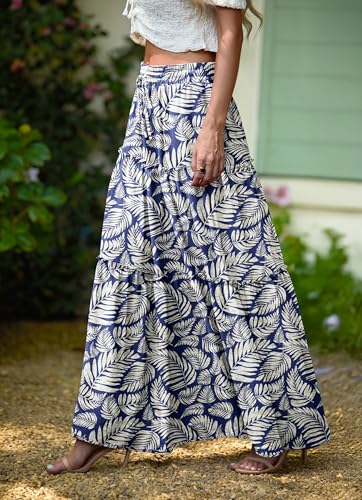 Image of Lepunuo Womens Casual Boho High Waisted Flowy Maxi Skirts Tiered Floral Long Skirts with Pockets for Summer Beach Vacation