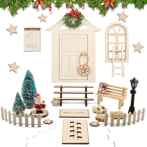 Porta Elfo Natale Kit, 30 Pezzi Accessori per Porta Gnomo Natalizio, Porticina Elfo Natale, Casa Elfo Natale in Miniatura per DIY Decorazioni Natale Addobbi Natalizi Regali