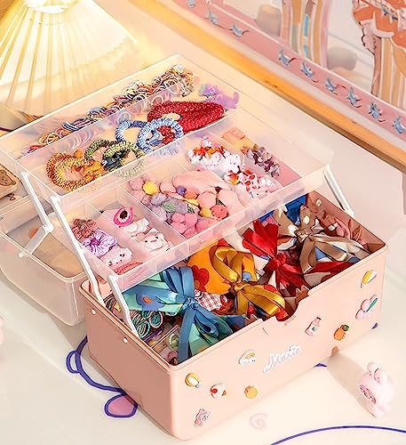 wolpin 3 Layers Jewellery Organiser for Kids with Stickers Portable Storage Box Case for Clips Hairband Rings, Earrings, Necklace, Ribbons