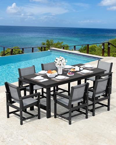 Image of SERWALL 7 Pcs HDPE Patio Dining Set with 1 Table & 6 Woven Chairs, Gray | HDPE Outdoor Dining Set with Rectangular Table & 6 Woven Chairs, All-Weather Patio Dining Furniture