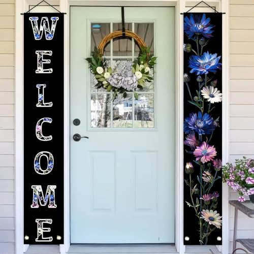 Image of BlissYard 2pcs Welcome Summer Door Banner Colorful Daisy Porch Banners Sign Cornflower Floral Front Door Hanging Decor Banner for Seasonal Home Hawaii Tropical Party Outdoor Decorations