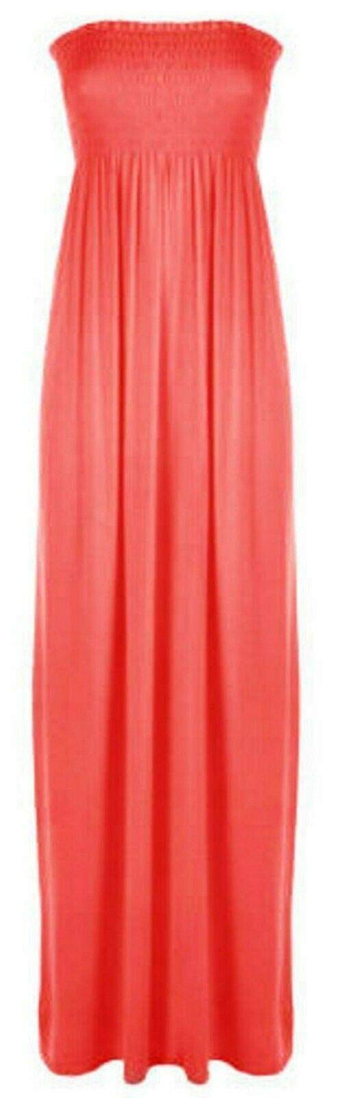 FAIRY BOUTIQUE Womens Long Strapless Elasticated Shearing Dress Ladies Bandeau Shirred Boob Tube Summer Maxi Dress Coral