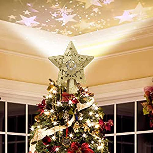 Christmas Star Tree Topper Lighted, LED Rotating Star, 3D Glitter Lighted Gold Star Tree Topper with Projection for Indoor Outdoor Christmas Tree Decorations, Mini Christmas Tree Ornaments(Gold)